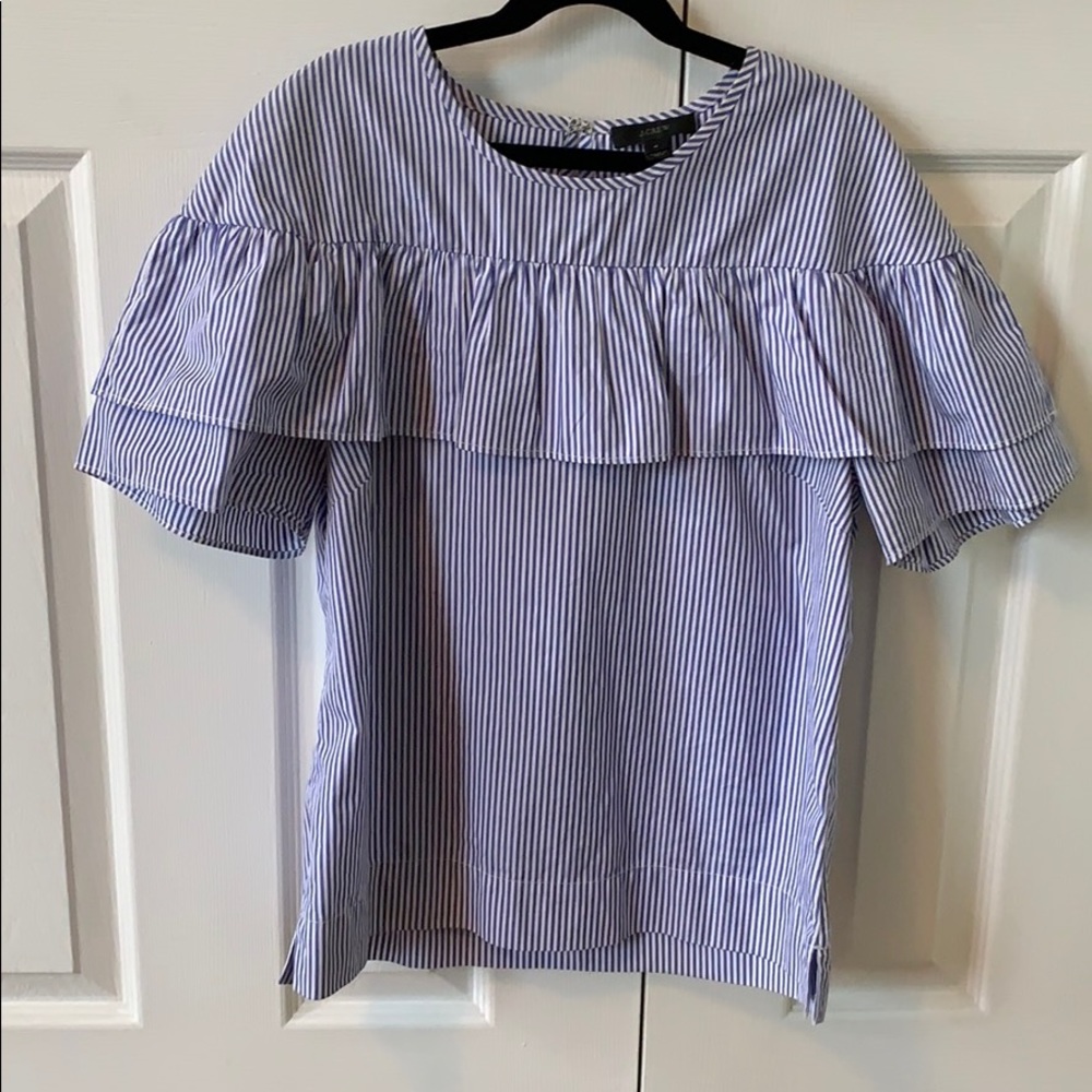 J Crew Blue and White Striped Top with Ruffle
